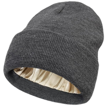 Cargar imagen en el visor de la galería, Gorro de punto con forro de satén -Gris oscuro - Ozerty
